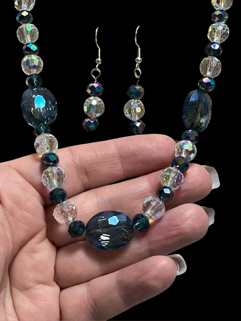 Twilight Blue Green Iridescent Aurora Borealis Crystal Beaded Jewelry Set